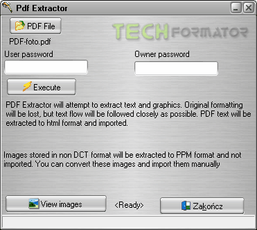 Tomahawk PDF+ - okno ekstrakcji