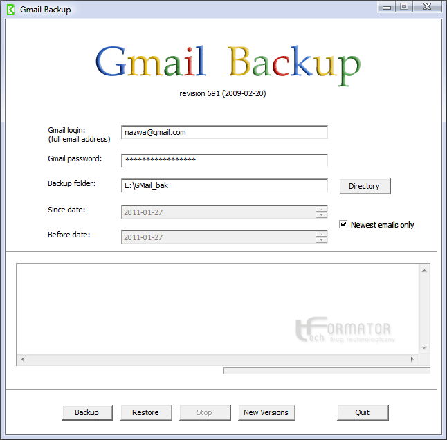 Gmail Backup, interfejs programu