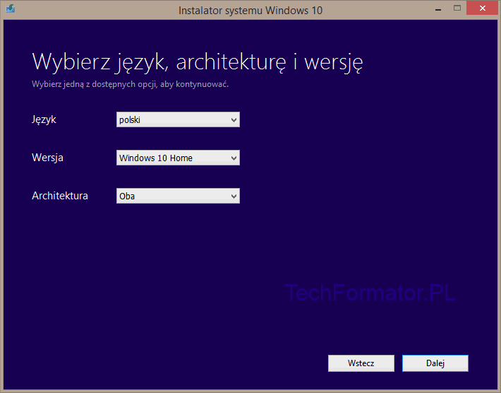 windows 10 - Wybierz język, achitekturę i wersję
