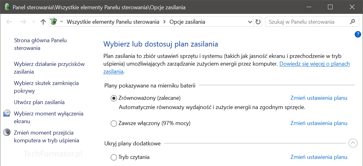 Opcje zasilania w Windows 10